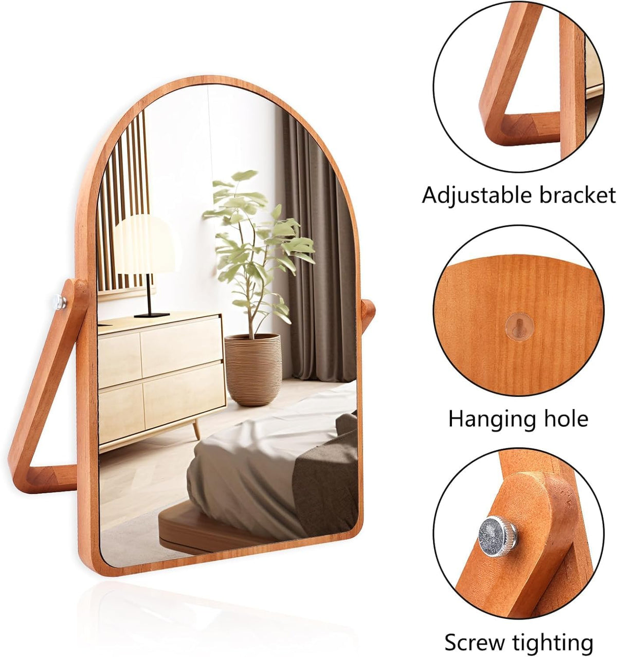 ZOROSY Arched Desk Mirrors with Stand- Wood Table Makeup Mirrors