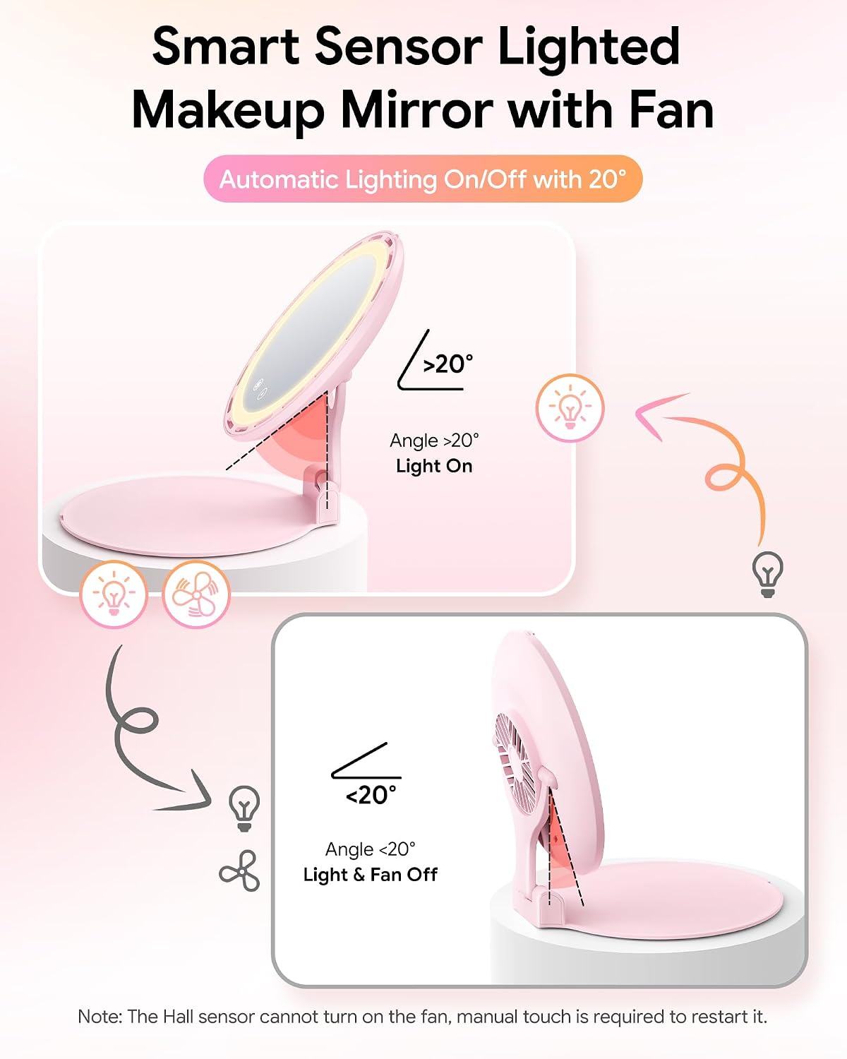 Gospire Foldable Lighted Makeup Mirror with Fan, 3-Speed & 3 Lights, Pink