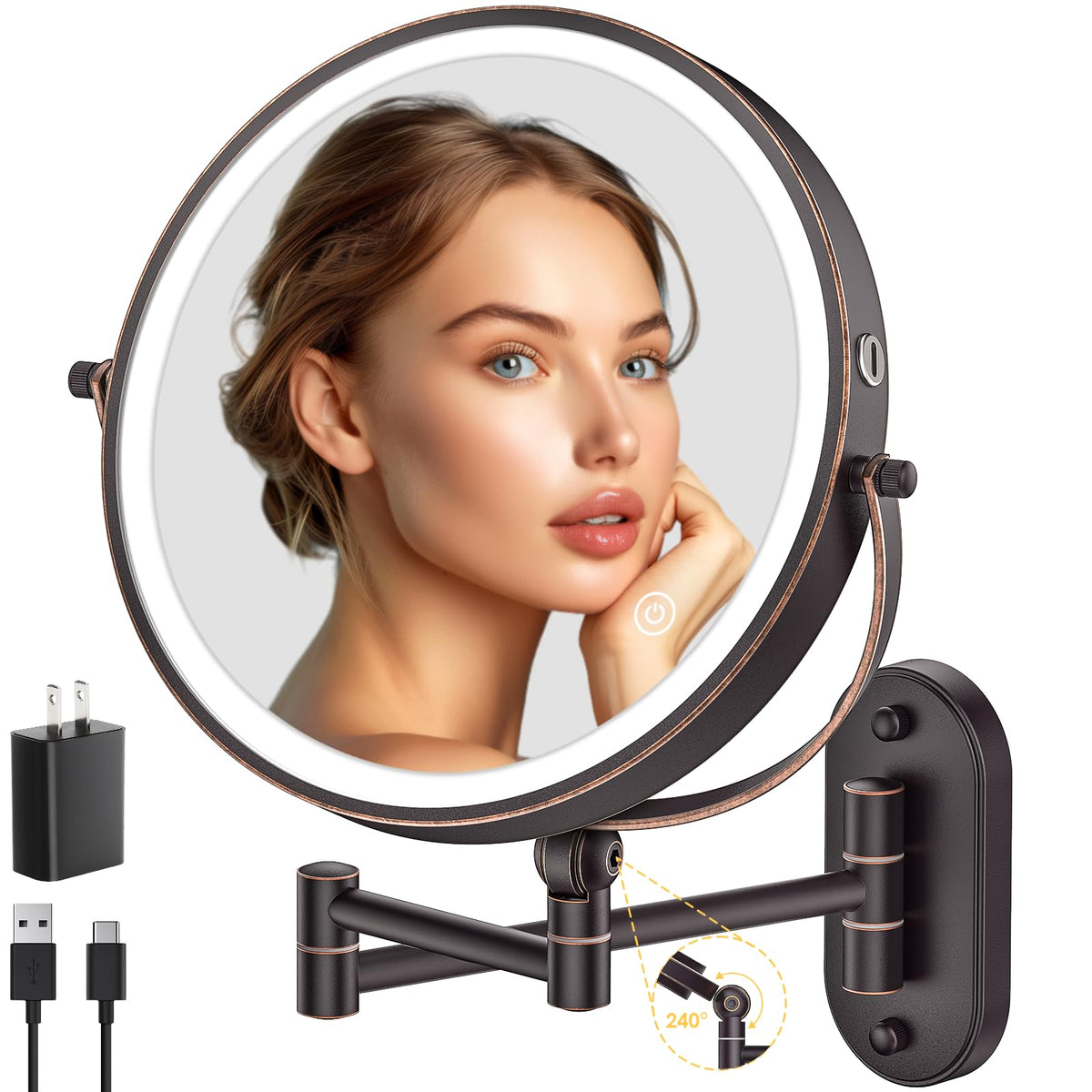 IMIKONA 9" Wall Mounted Lighted Makeup Mirror,4000mAh Rechargeable Double Sided 1X/10X Magnifying Mirror with Light,3 Color Lights,Touch Dimmable,Extended Arm 360 Rotation Wall Mounted Makeup Mirror