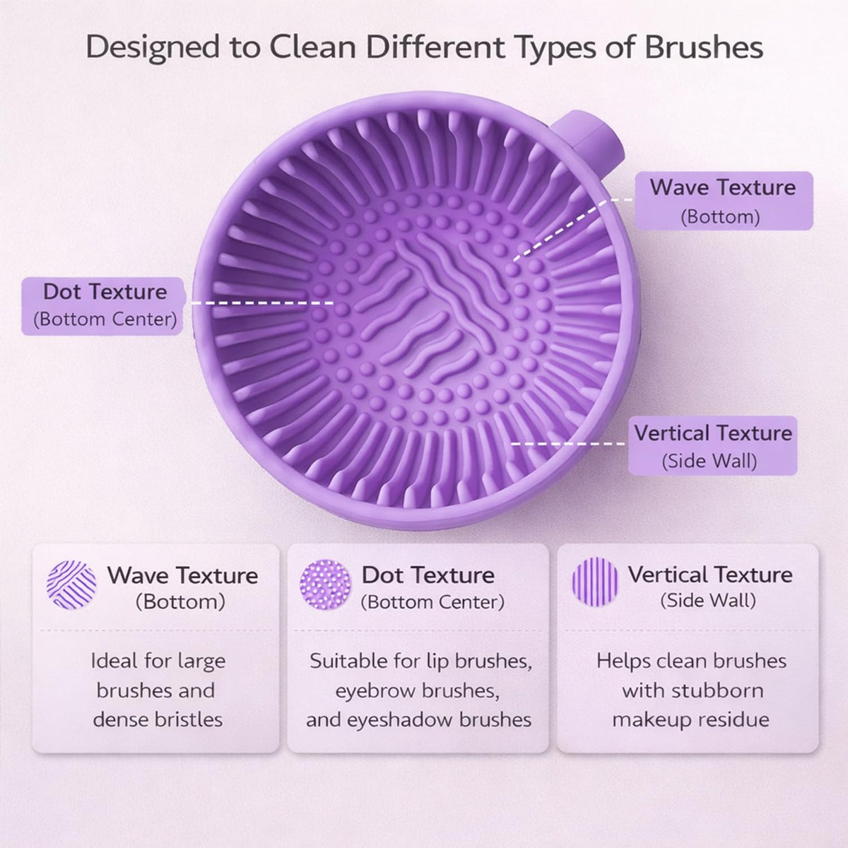 Silicone Makeup Brush Cleaner Bowl, Portable Brush Washing Tool with Textured Cleaning Pad, Compact Makeup Cleaning Bowl for Brushes, Sponges & Puffs (Purple)