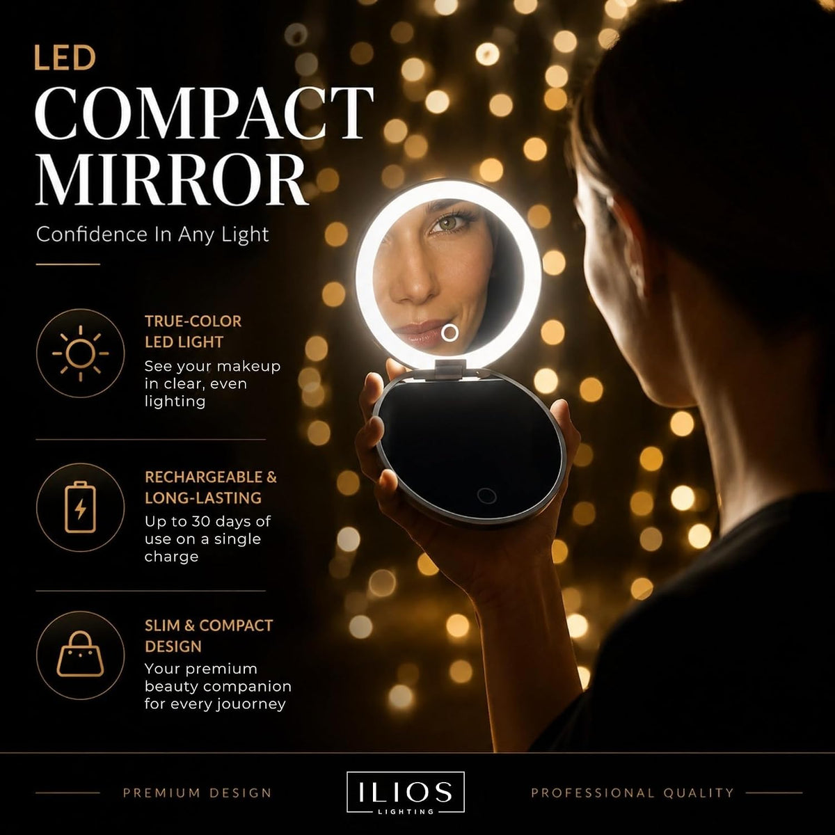 Ilios Lighting LED Compact Mirror with Light — 1x & 10x Magnification, 30-Day Battery, USB-C Rechargeable, 5-Inch Foldable Travel Makeup Mirror with Case (Black)