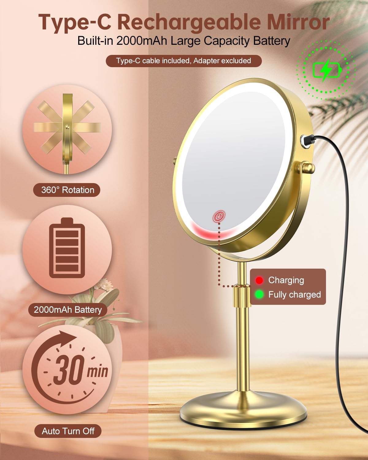 Benbilry 7" Lighted Makeup Mirror with 3 Color Lights & 10X Magnification, Adjustable Brightness & Height, 360° Swivel Rechargeable 10X LED Magnifying Vanity Mirror with Light, Gold