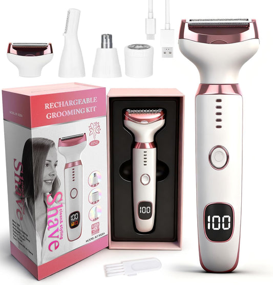2026 Electric Razor for Women Men,4 in 1 Ladies Wet & Dry Body Razors and Facial Hair Remover,Rechargeable LED Display Hair Removal Kit for Nose Face Body Bikini Hair (White)
