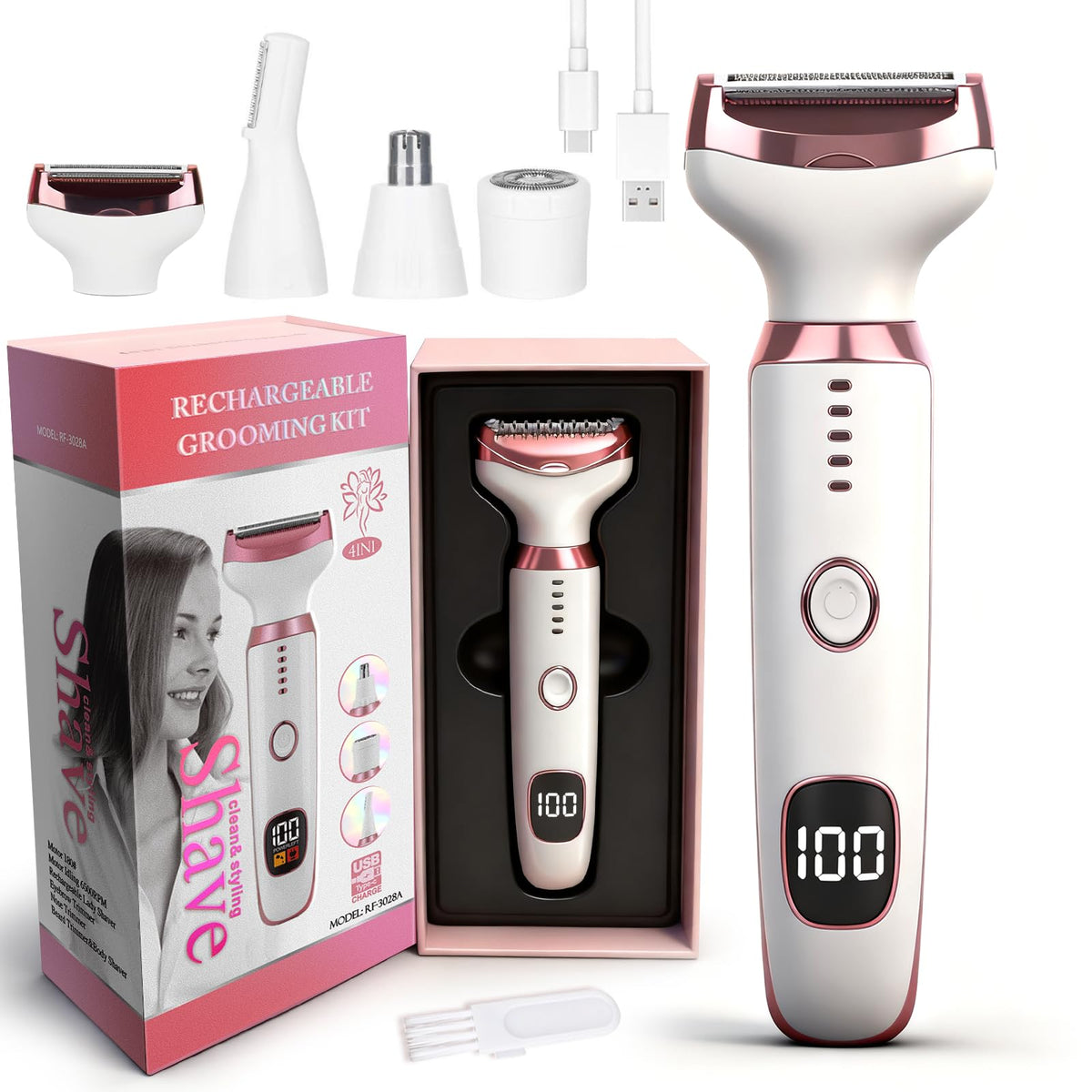 2026 Electric Razor for Women Men,4 in 1 Ladies Wet & Dry Body Razors and Facial Hair Remover,Rechargeable LED Display Hair Removal Kit for Nose Face Body Bikini Hair (White)