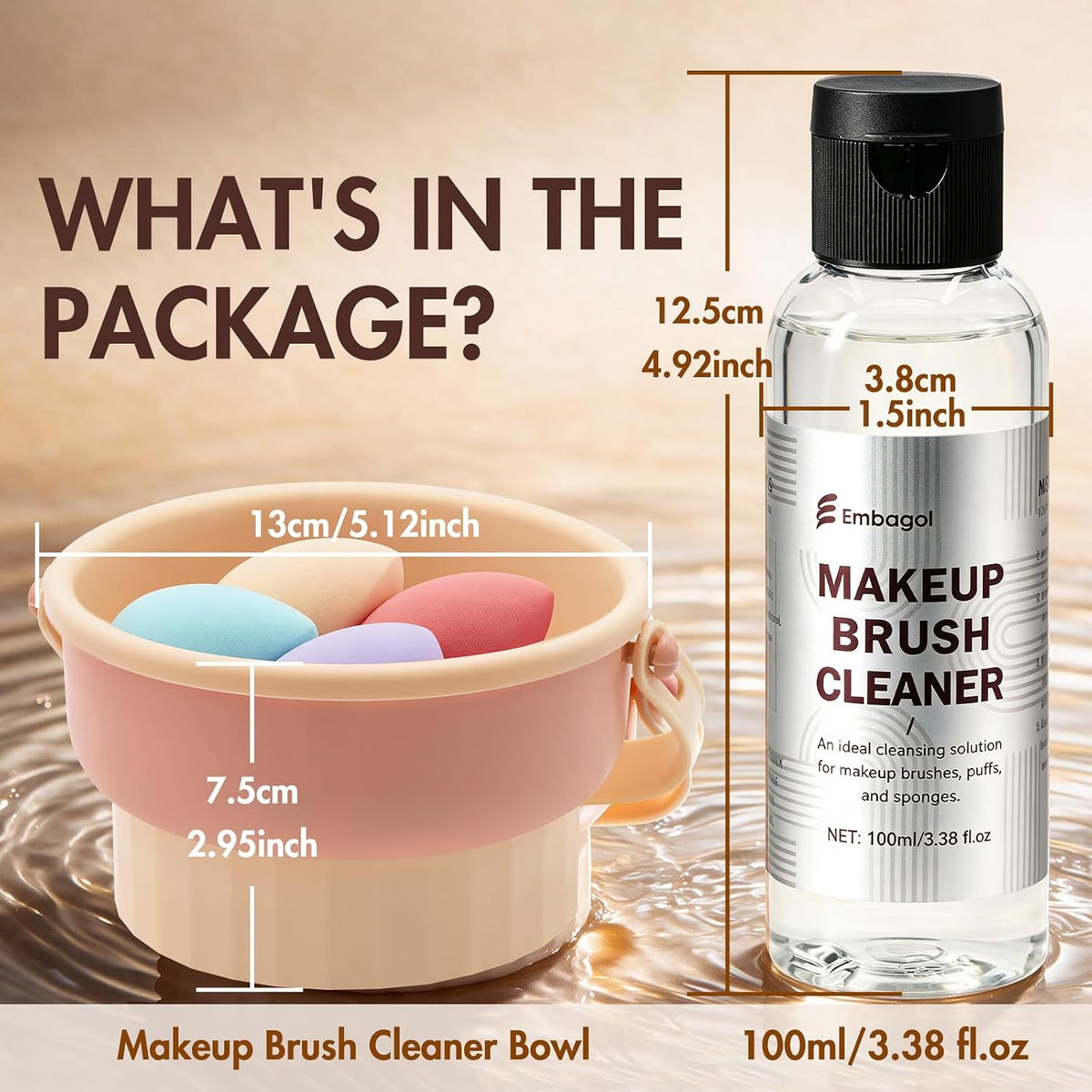 Makeup Brush Cleaner Kit with Cleaning Bowl, Make Up Brush Cleansers Solution for Sponges, Puffs and Brushes - Gentle Formula, Cruelty Free(2-pieces set, 100ml/3.38 fl oz + Khkai)