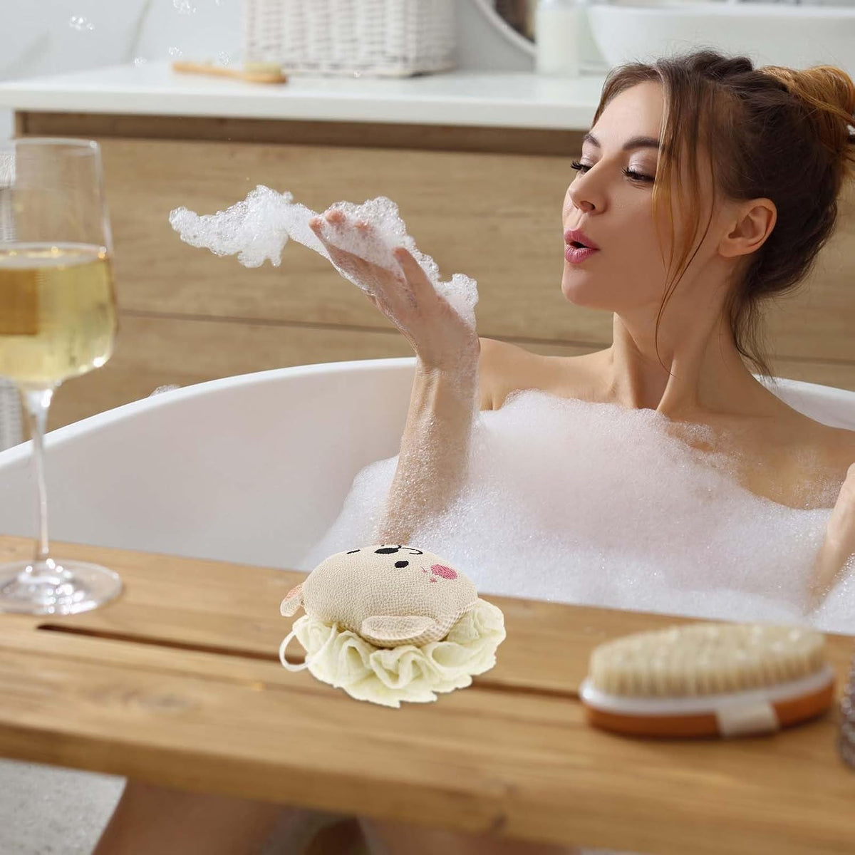 GALPADA Lion 2-in-1 Bath Puff and Body Scrubber, Cute Cartoon Shower Loofah in Light Green, Exfoliating Skin Cleanser and Bathing