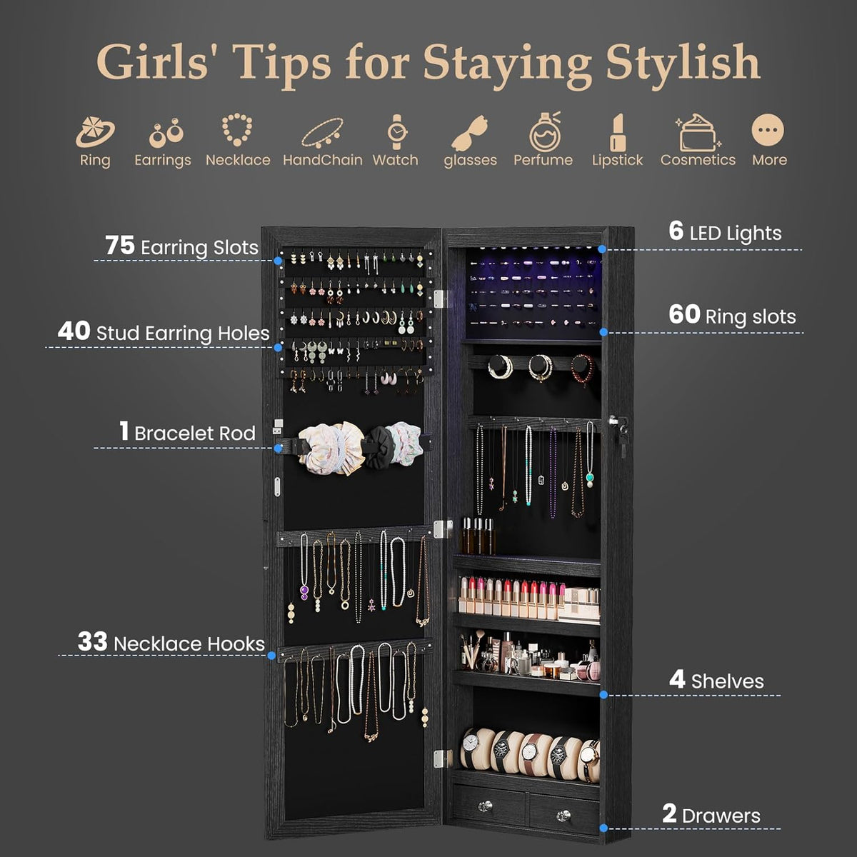 DUMOS 6 LEDs Mirror Jewelry Organizer Cabinet, Jewelry Armoire, 47.2 Inch