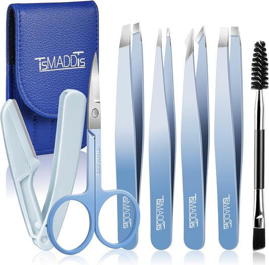 TsMADDTs 7 pcs Tweezers for Women Facial Hair, Precision Tweezer Set for Eyebrows with Curved Scissor and Eyebrow Razor for Ingrown Hair