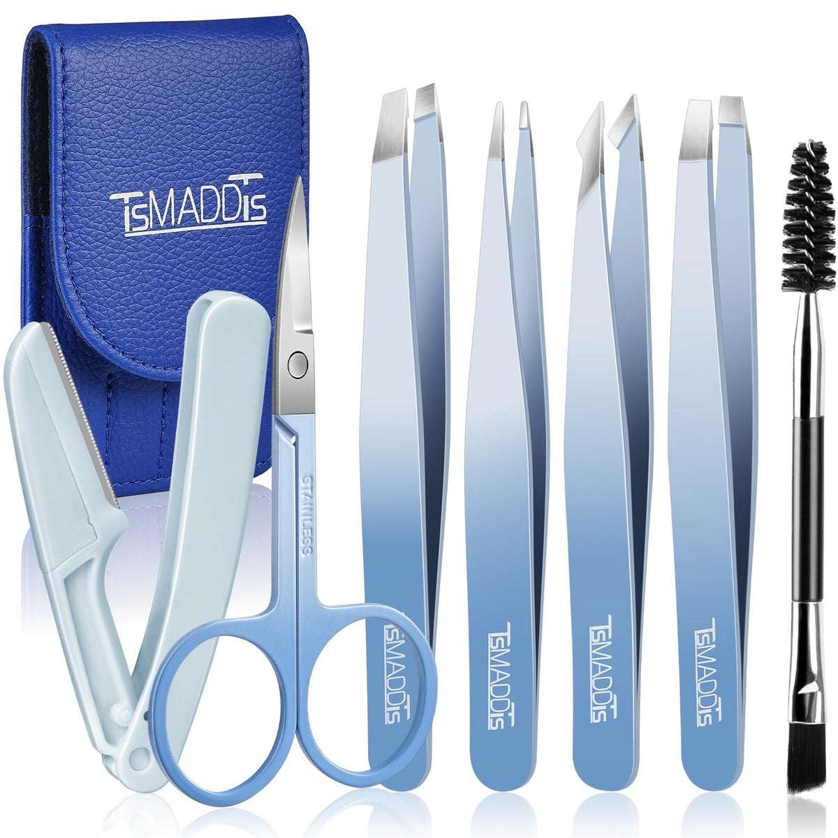 TsMADDTs 7 pcs Tweezers for Women Facial Hair, Precision Tweezer Set for Eyebrows with Curved Scissor and Eyebrow Razor for Ingrown Hair