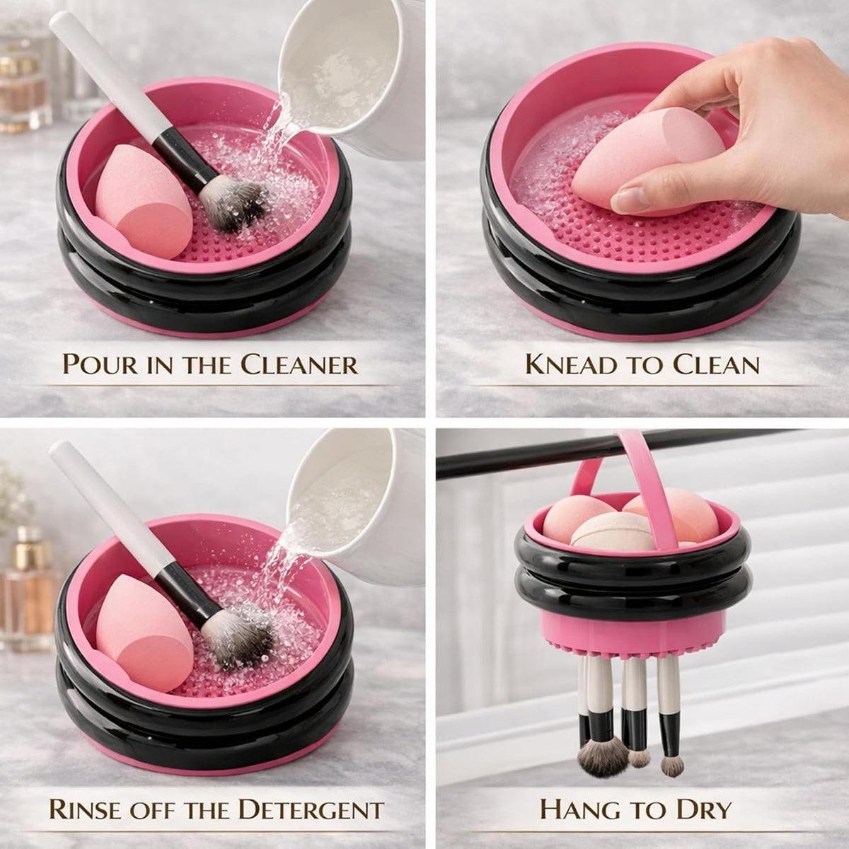 Makeup Brush Holder Cleaner, 3 in 1 Silicone Makeup Brush Cleaning Bowl with Drying Rack, Detachable Brush Organizer for Brushes, Sponges & Puffs, Black and Pink