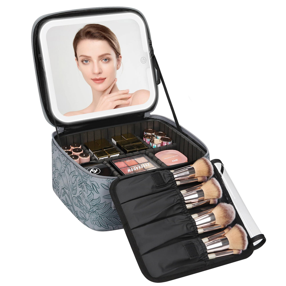 Relavel Travel Makeup Bag With LED Mirror, Cosmetic Train Case with Light up Mirror, Portable Makeup Artist Organizer Bag with Adjustable Dividers, Makeup Brush Holder Storage, Black