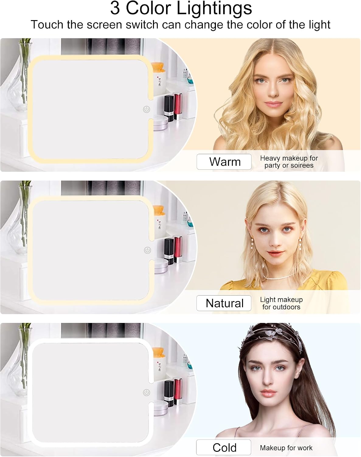 Relavel Makeup Mirror with Lights, LED Replacement for Makeup Bag, 3 Color Lights, Brightness Adjustable, 8.3 x 5.1 Inches