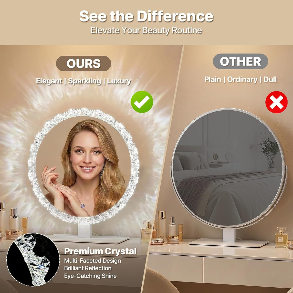 Crystal Vanity Mirror, 12" Silver LED Makeup Mirror, 3CCT, Round