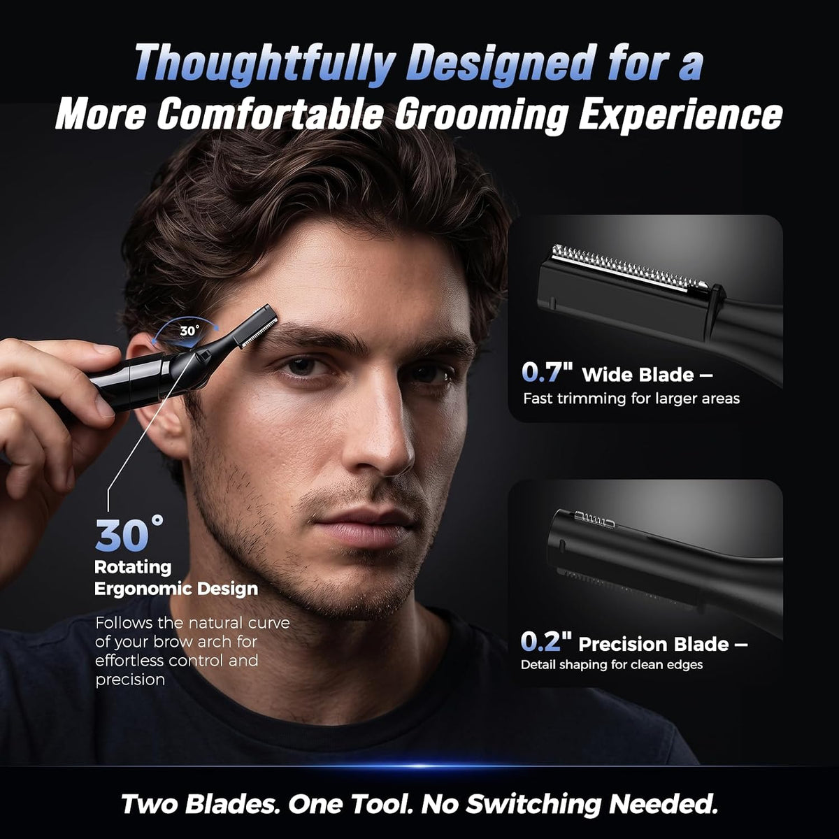 Electric Eyebrow Trimmer for Men Women, Painless Eyebrow Razor with Comb Battery, Dual-Blade Facial Hair Remover, Precision Shaver for Face, Upper Lip, Beard, Sideburns, Body, 30° Pivoting Head