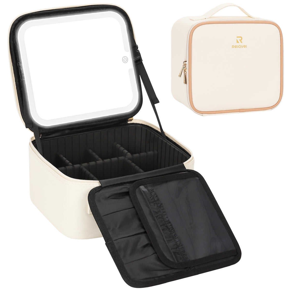 Relavel Travel Makeup Bag With LED Mirror, Cosmetic Train Case with Light up Mirror, Portable Makeup Artist Organizer Bag with Adjustable Dividers, Makeup Brush Holder Storage, Black