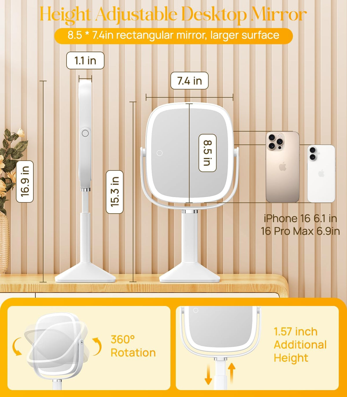 Gospire Rectangle Lighted Makeup Mirror with Lights 1X/7X Magnifying Mirror