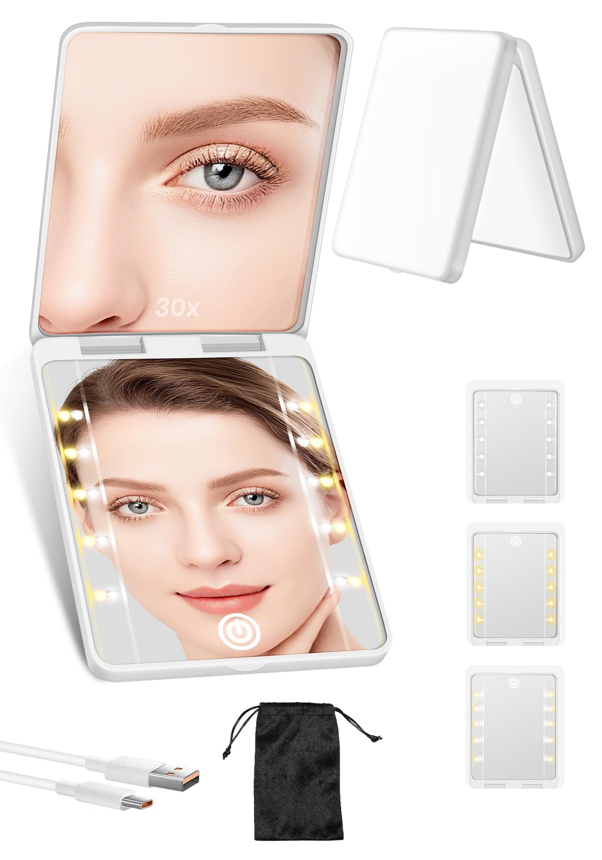 Compact Mirror, Rechargeable Magnifying Makeup Mirror with Light 30X Pink