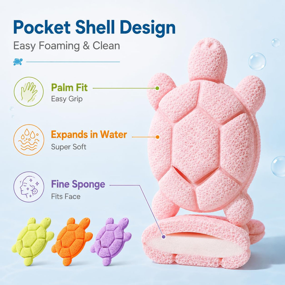Cute Turtle Facial Sponge, Soft Reusable Face Scrubber Exfoliator, Gentle Makeup Remover & Daily Cleansing Sponge, Ideal for Sensitive Skin (4, MultiColor)