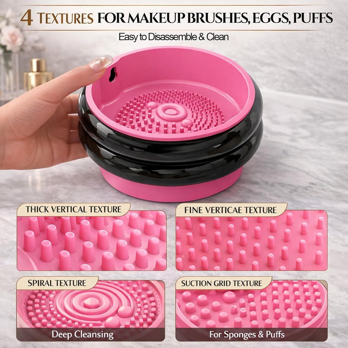 Makeup Brush Holder Cleaner, 3 in 1 Silicone Makeup Brush Cleaning Bowl with Drying Rack, Detachable Brush Organizer for Brushes, Sponges & Puffs, Black and Pink