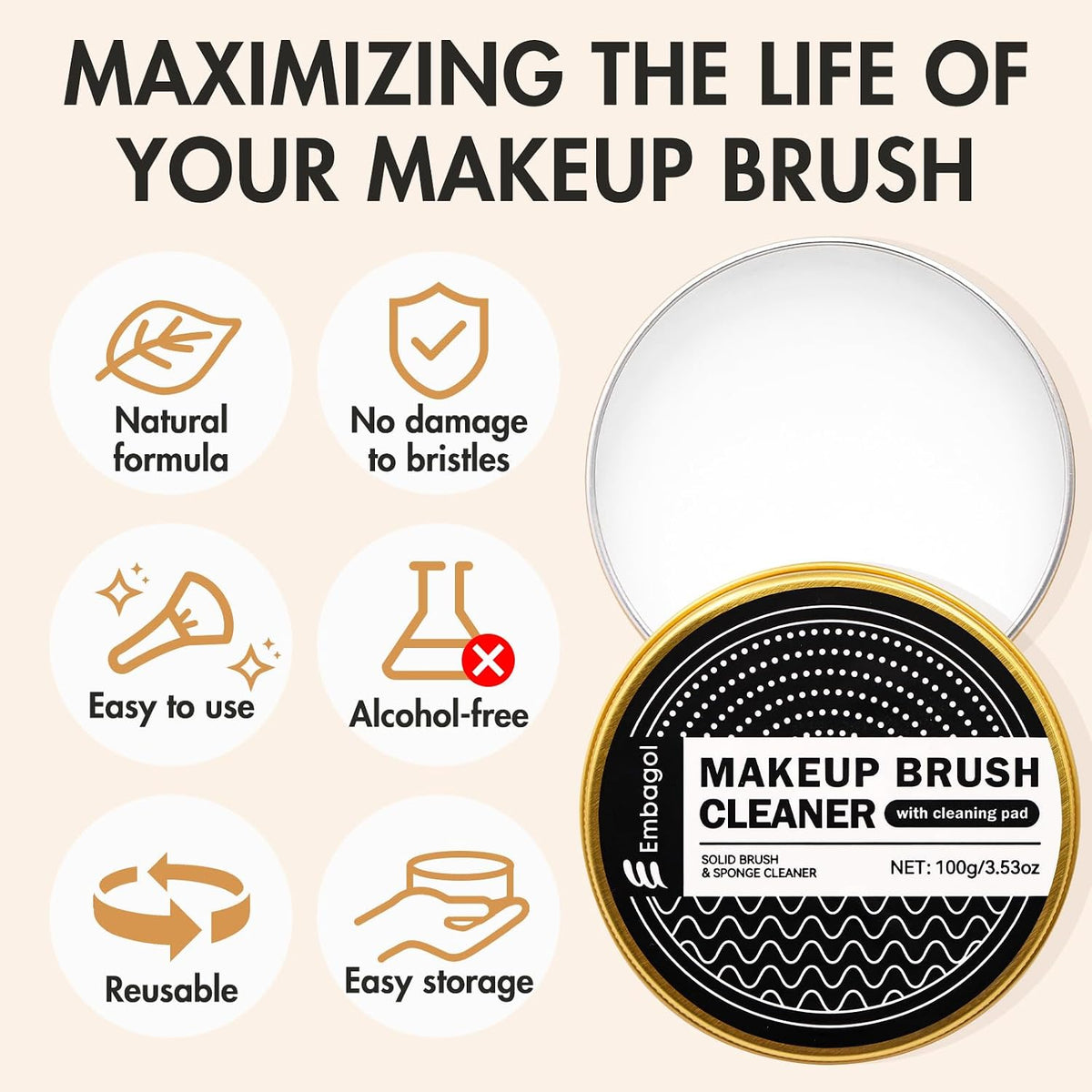 Makeup Brush Cleaner Mat + Solid Brush & Sponge Soap, Brush Cleaner Bowl & Makeup Brush Cleanser, 3 in 1 Makeup Organizer, Vegan, Deep Cleaning, No Residue(2-piece set, 100g/3.53oz + Khkai)