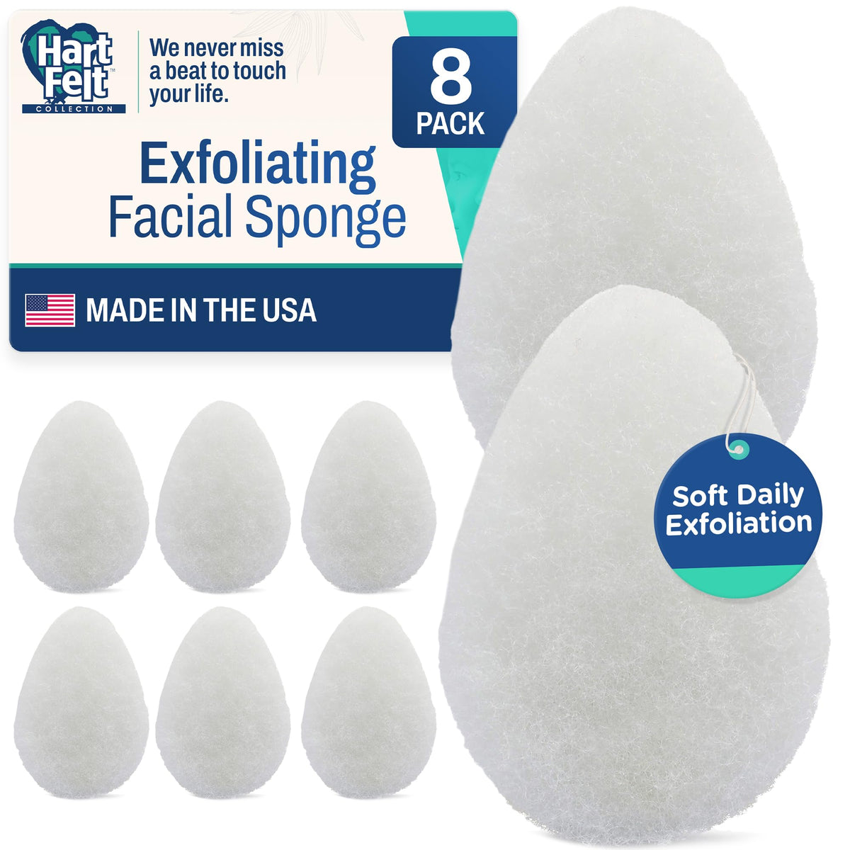 HartFelt 8ct Tear Drop Face Scrubber for Women | Reusable Facial Sponges for Daily Cleansing | Facial Exfoliating Pads for Removing Dead Skin, Dirt & Makeup | Made in USA | Regular - White