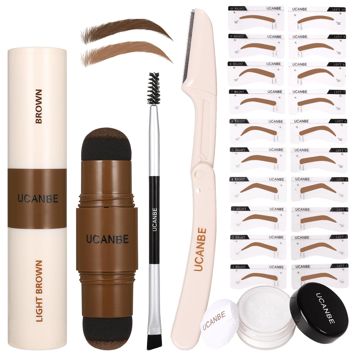 UCANBE 25PCS Eyebrow Stamp Stencil Kit With Dual-Color Eyebrow Stamp Pomade,20 Reusable Eyebrow Stencils,Finising Powder,Brush,Eyebrow Razor,Zipper Pouch,Waterproof Eye Brow Stamping and Shaping Kit04