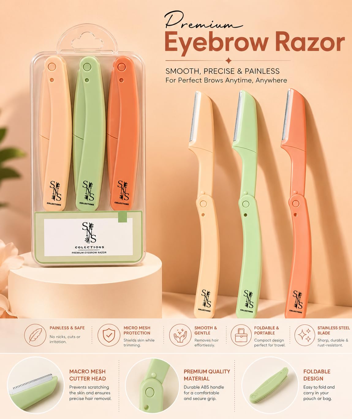 Dermaplane Razor for Women, Face Razor & Eyebrow Trimmer, Facial Hair Remover, Peach Fuzz Remover, Exfoliating Facial Razor with Protective Cover, Safe Precision Blade, Pack of 3