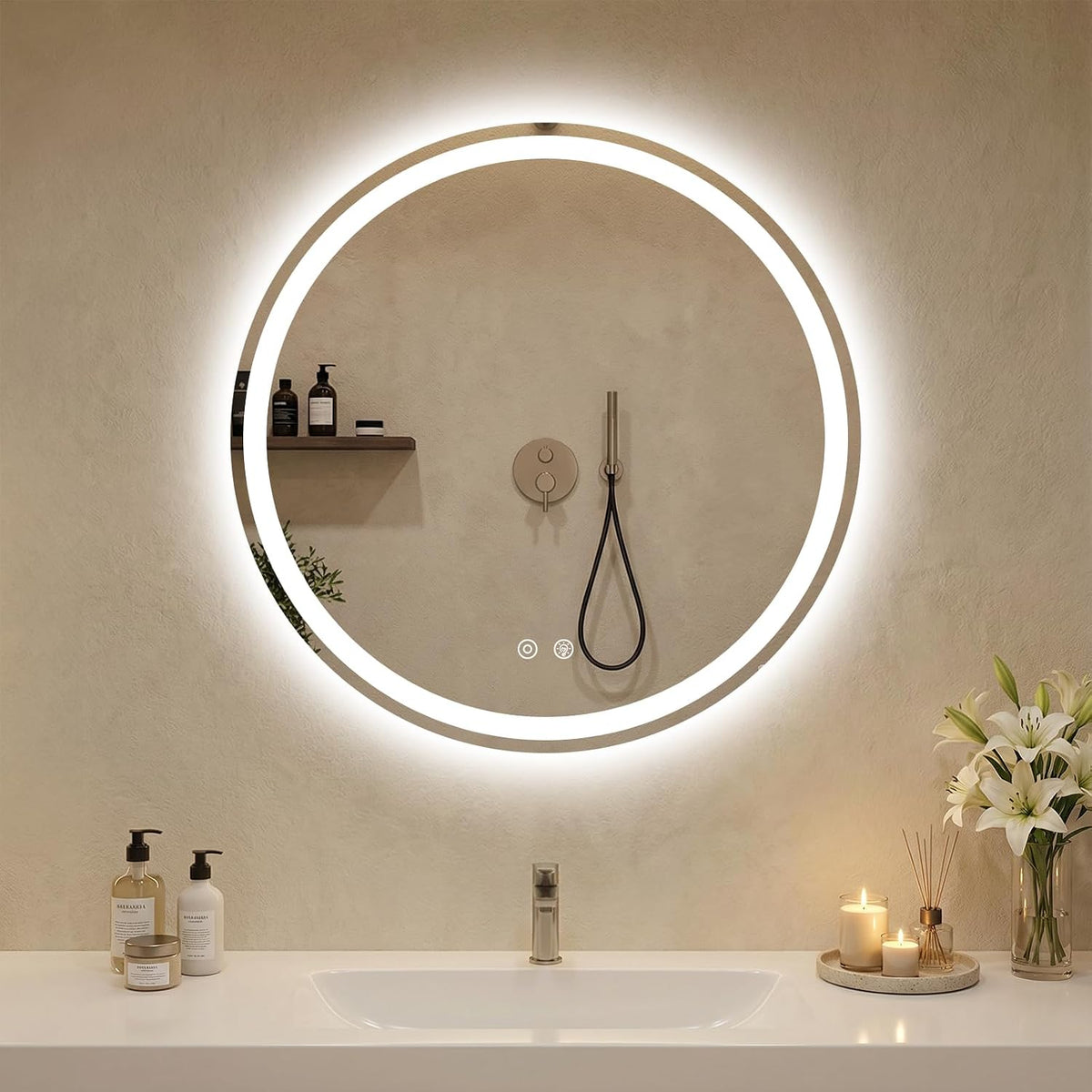 DUMOS 28 Inch Round LED Bathroom Mirror with Lights, Circle Vanity Mirror