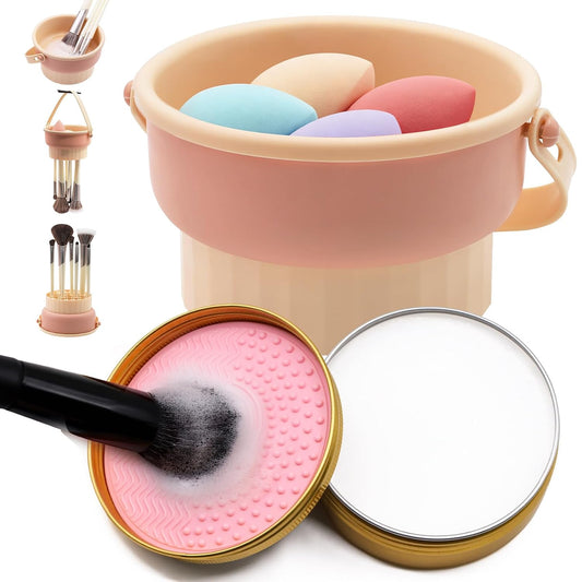 Makeup Brush Cleaner Mat + Solid Brush & Sponge Soap, Brush Cleaner Bowl & Makeup Brush Cleanser, 3 in 1 Makeup Organizer, Vegan, Deep Cleaning, No Residue(2-piece set, 100g/3.53oz + Khkai)