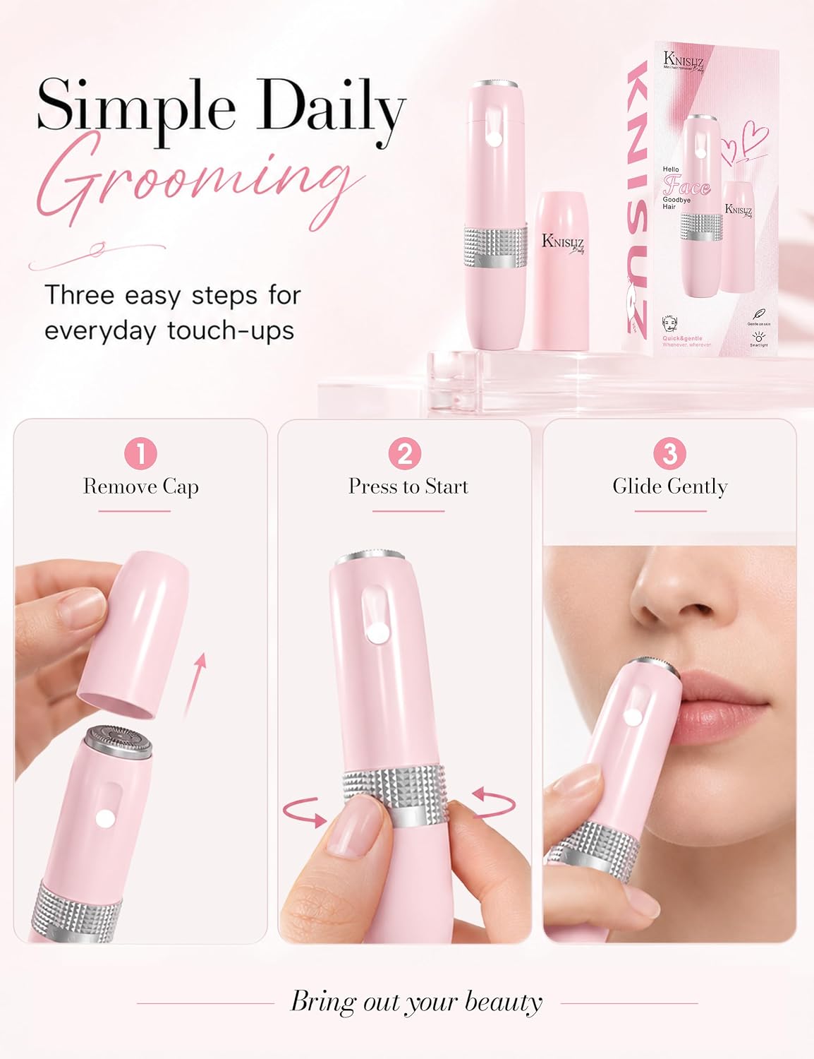 Facial Hair Removal for Women,2 in1 Rechargeable Facial Hair Removal & Eyebrow Trimmer - Body Razor with Built-in LED Light,Portable for Travel(Pink)