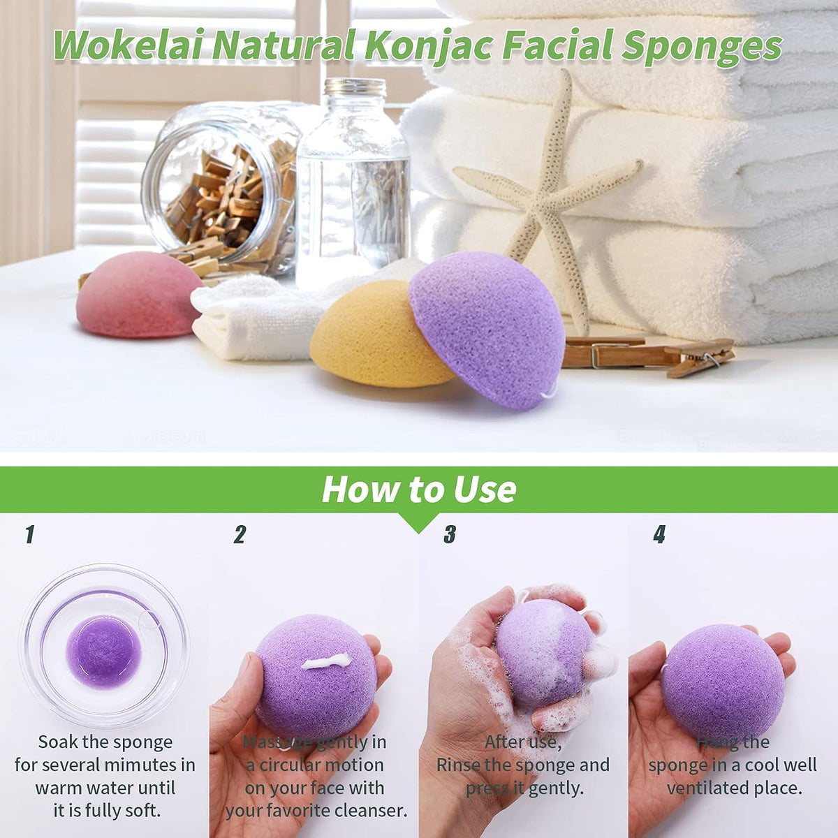 Konjac Facial Sponges for Cleansing Exfoliating - Konjac Face Sponge for Washing Face Body, Natural Cleaning Puff Buff Scrubber for Shower Bath SPA for Babys Men Women