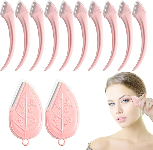 ONEUPIN 12PCS Eyebrow Trimmer Set Stainless Steel Leaves Curved Eyebrow Razor Trimmer Facial Shaver Razor Brow Shaper Suitable for Any Skin Type Hair Removal Accessories for Men Women（Pink）