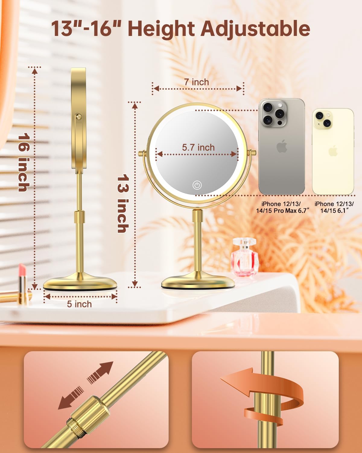 Benbilry 7" Lighted Makeup Mirror with 3 Color Lights & 10X Magnification, Adjustable Brightness & Height, 360° Swivel Rechargeable 10X LED Magnifying Vanity Mirror with Light, Gold