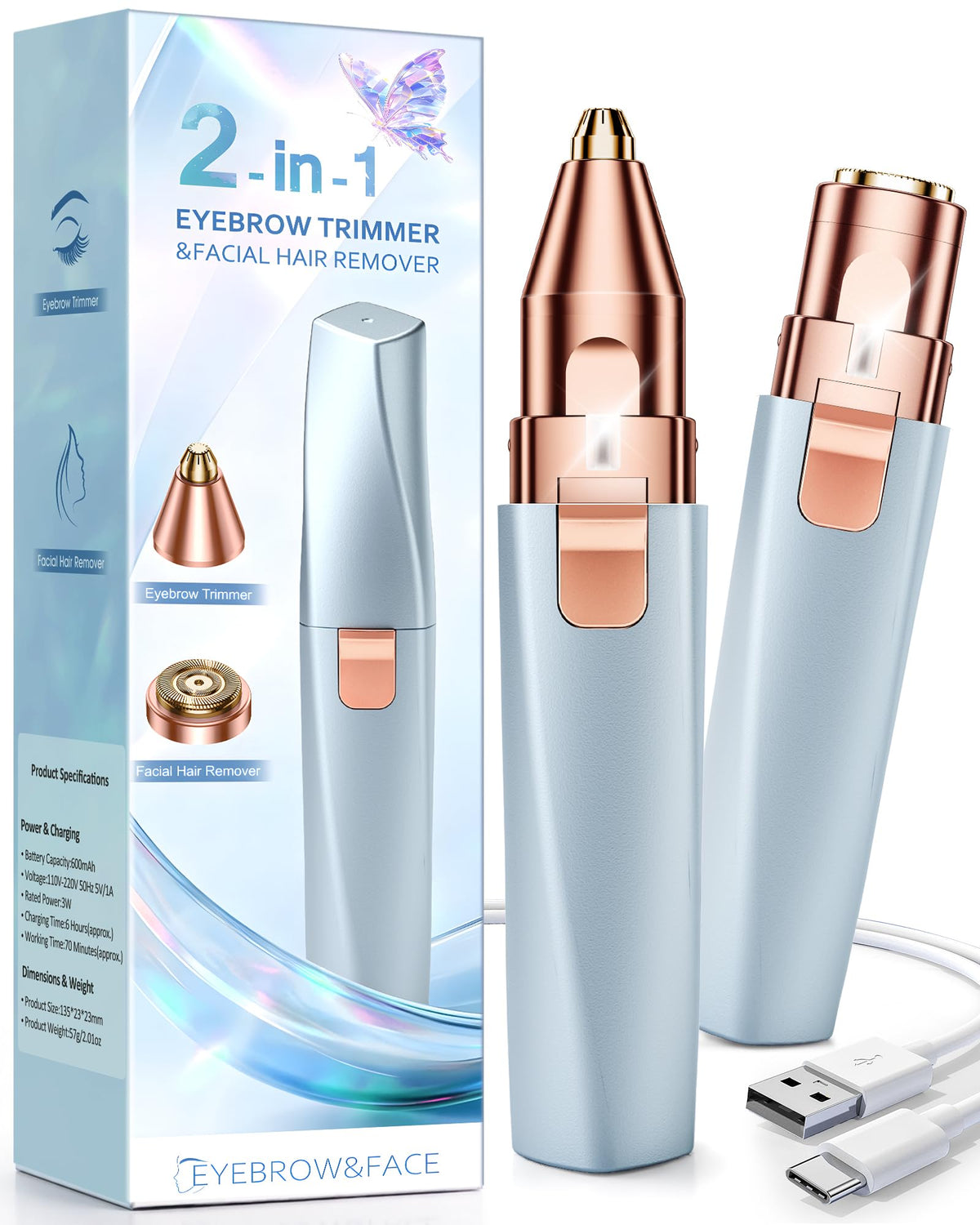 Eyebrow Trimmer Facial Hair Removal for Women: 2 in 1 Rechargeable Face Shaver and Eyebrow Razor - Painless Electric Hair Remover Device for Peach Fuzz Fine Hairs Upper Lip Chin