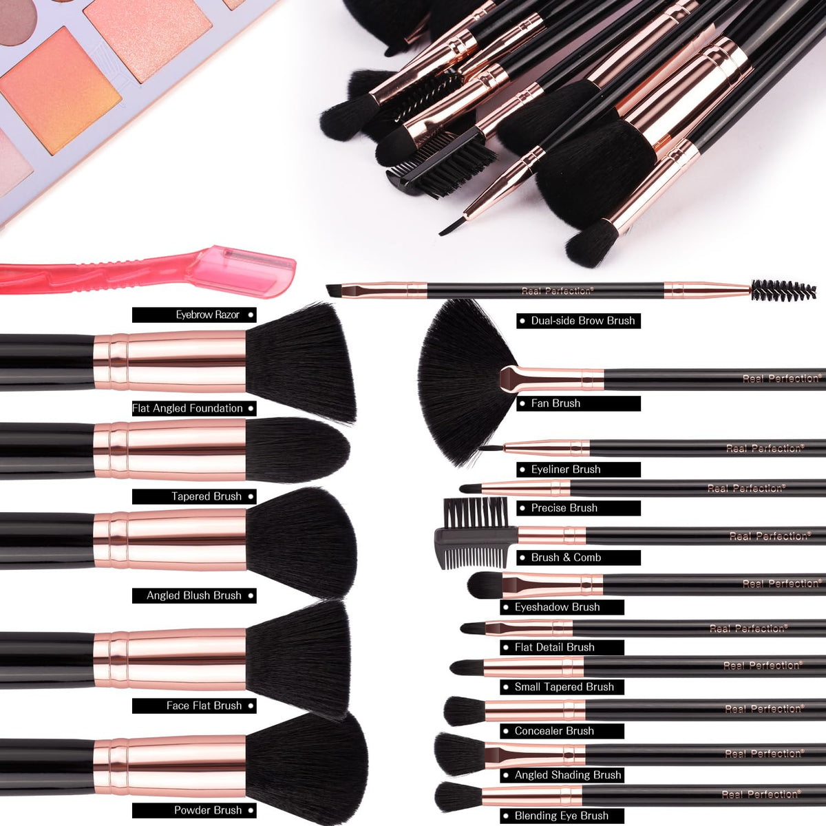 Real Perfection Makeup Brush Set 16 Pcs with 1 Eyebrow Razor Premium Synthetic Foundation Powder Concealers Eyeshadow Blush Makeup Brushes Make up Brushes Kit (Black)