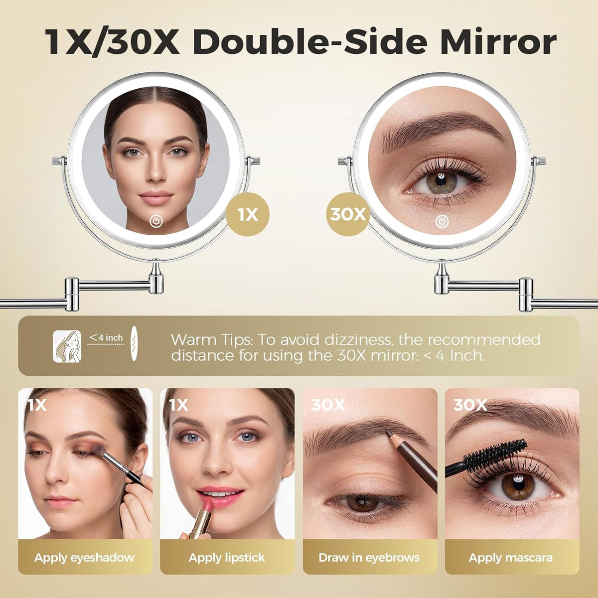Wall Mounted Makeup Mirror, 8 Inch, 1X/30X, Rechargeable 4000mAh