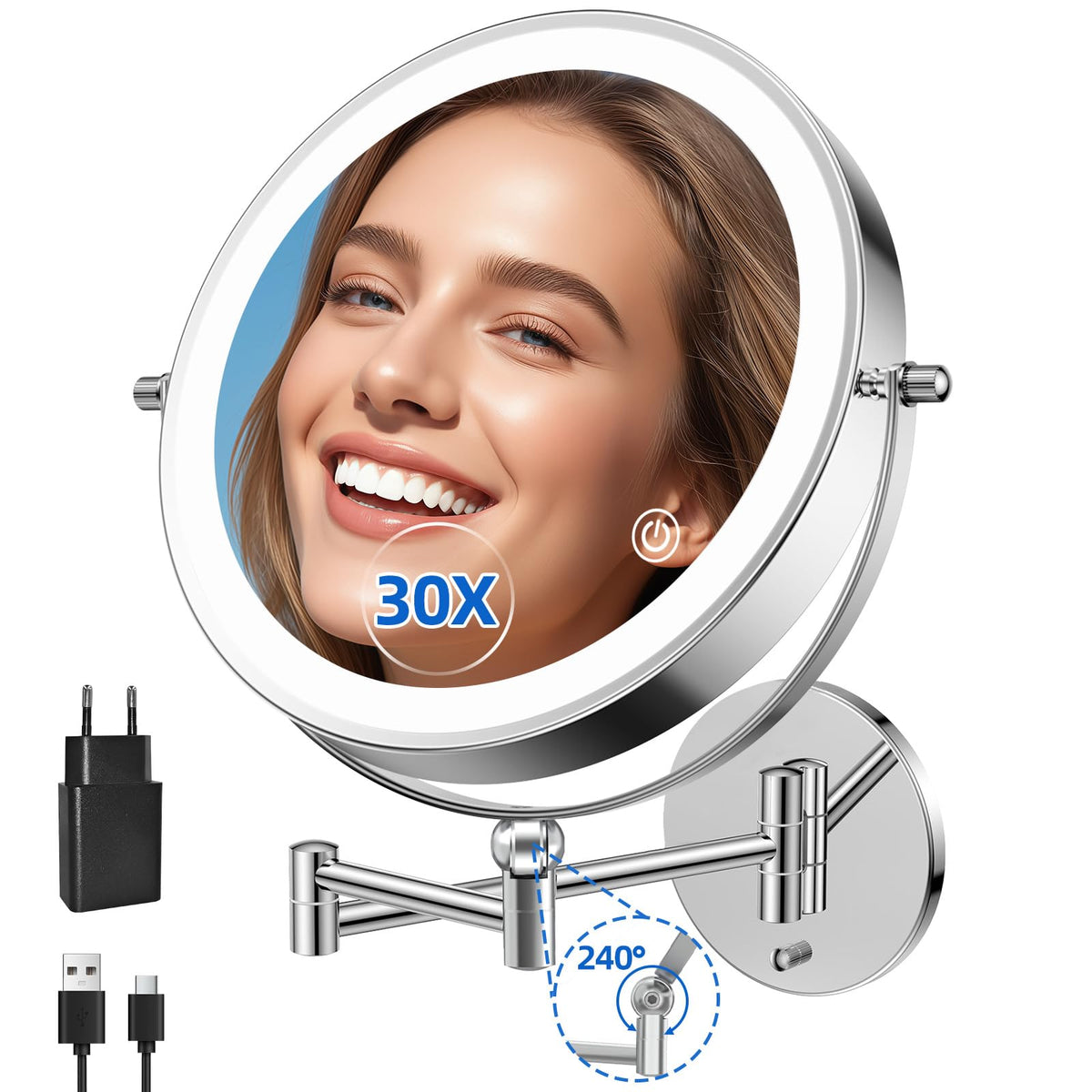 FUNTOUCH 5000mAh Rechargeable Wall Mounted Lighted Makeup Mirror 1X30X