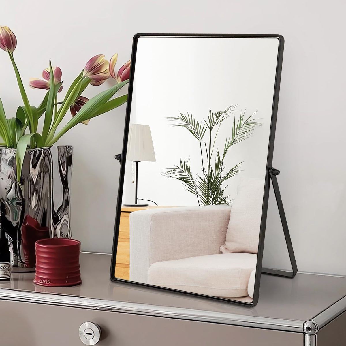 Vanity Desk Table Mirror Oval Makeup Mirror 90°Adjustable Rotation Golden Metal Framed Standing Mirrors Room Decor for Living Room,Bedroom,Tabletop,Bathroom