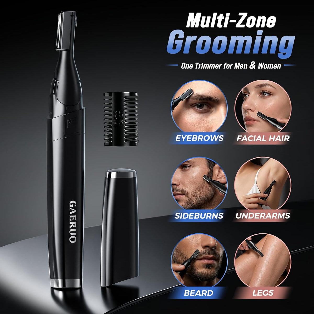 Electric Eyebrow Trimmer for Men Women, Painless Eyebrow Razor with Comb Battery, Dual-Blade Facial Hair Remover, Precision Shaver for Face, Upper Lip, Beard, Sideburns, Body, 30° Pivoting Head