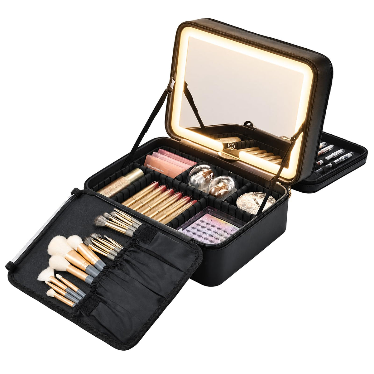 Faquenc Leather Makeup Case with LED Lighted Mirror 11.4 Inch Travel Makeup Bag Adjustable Brightness in 3 Colors Cosmetic Organizer Artist Storage Bag with Dividers Brush Holder Bag Vanity White