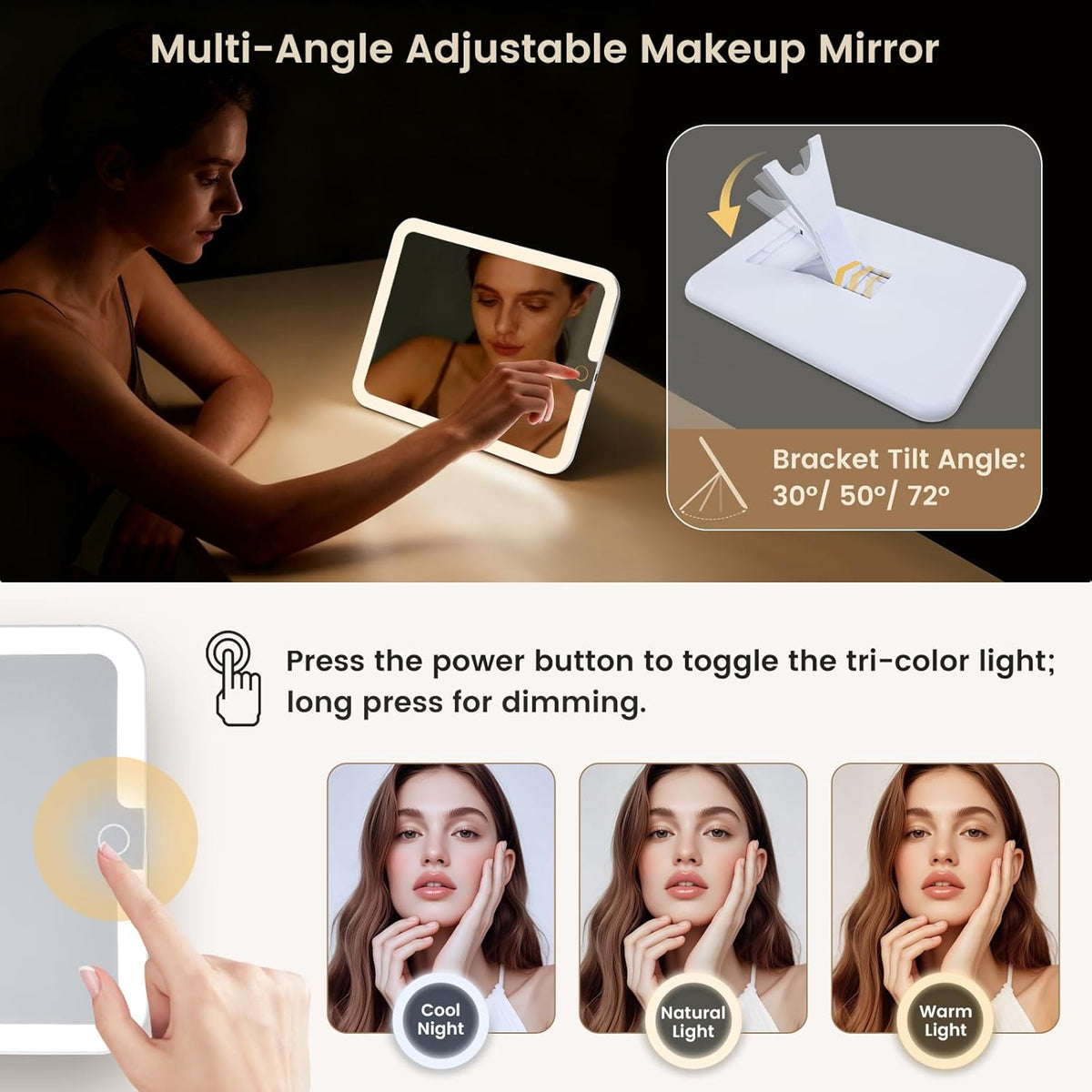 Faquenc Makeup Bag with LED Lighted Mirror 12.2 IN Cosmetic Train Case Double Layer Makeup Case Adjustable Brightness in 3 Colors Cosmetic Organizer Artist Storage with Brush Holder Vanity Beige