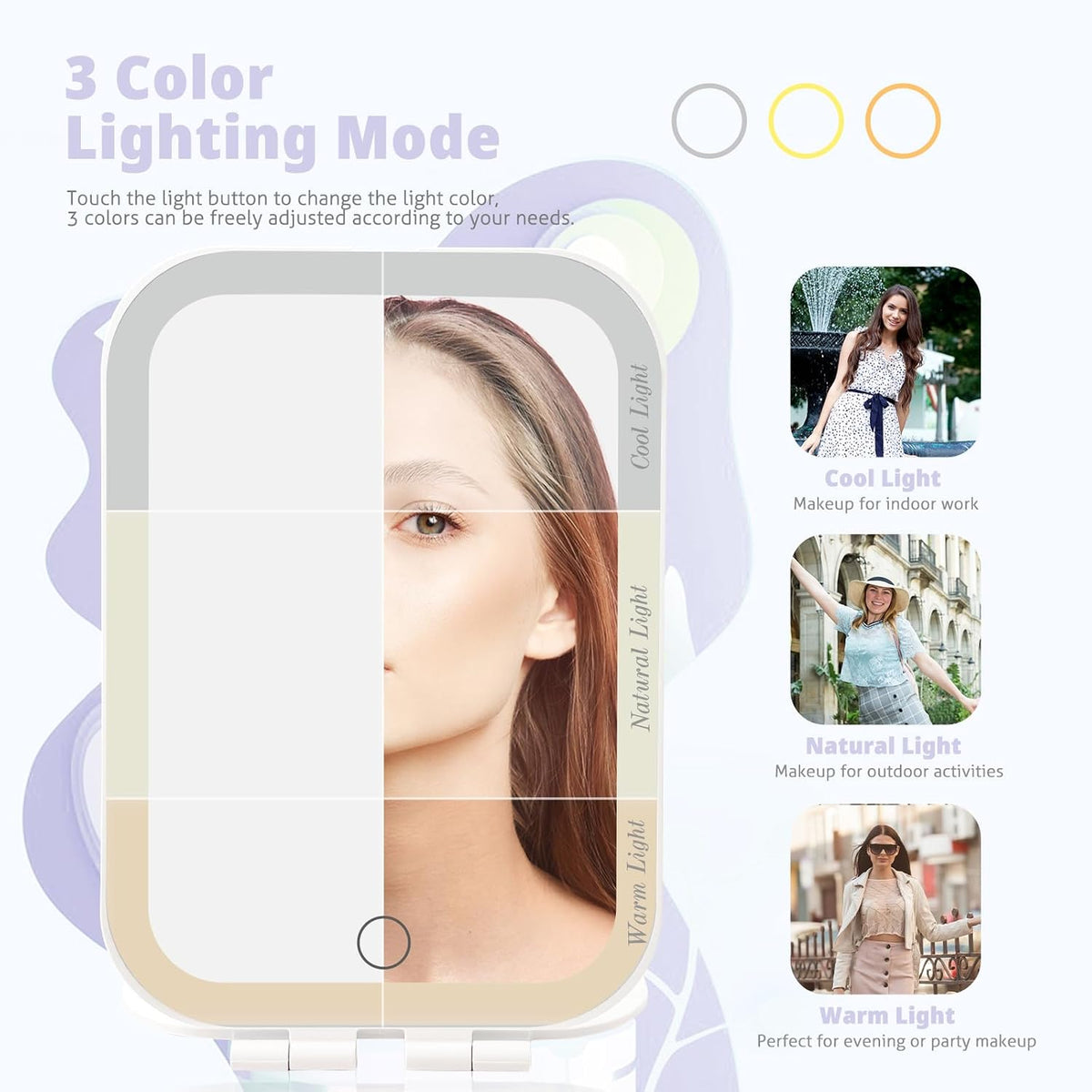 Travel Makeup Mirror, Portable Rechargeable Mirror with Lights