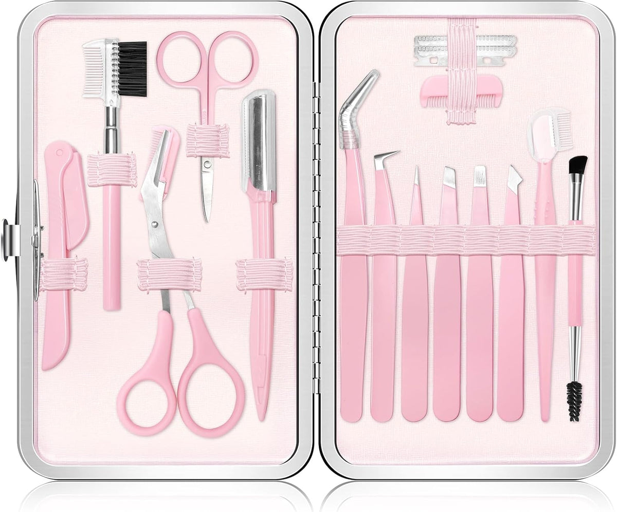 Eyebrow Kit, 17 in 1 Tweezers for Women Facial Hair, Hair Scissors with Comb, Eyebrow Trimmer, Brow Brushes, Hair Tools Travel Bag, Professional Grooming Tweezer Set