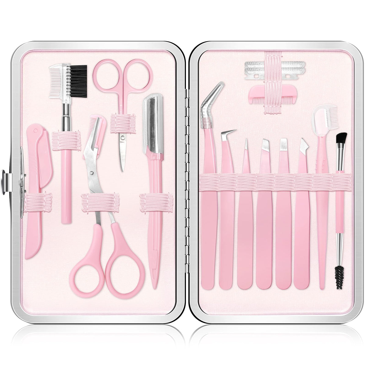 Eyebrow Kit, 17 in 1 Tweezers for Women Facial Hair, Hair Scissors with Comb, Eyebrow Trimmer, Brow Brushes, Hair Tools Travel Bag, Professional Grooming Tweezer Set