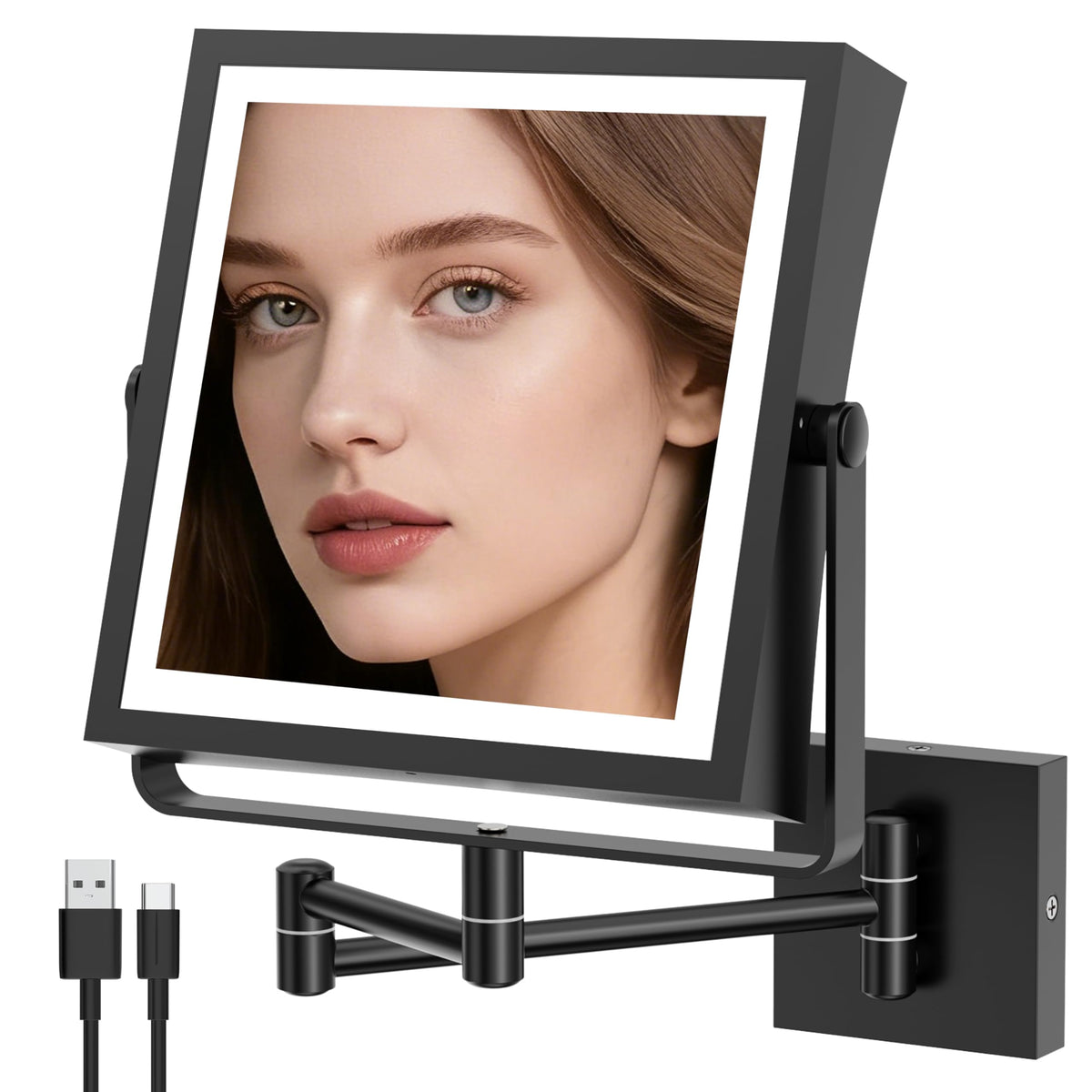 Wall Mounted Lighted Makeup Mirror 1X/10X Square Brushed Gold