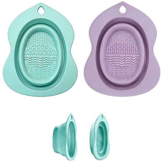 Foldable Silicone Makeup Brush Cleaner Bowl – Portable Brush Scrubber Mat for Foundation, Eyeshadow Brushes, Powder Puffs & Sponges | Multi-Texture Deep Clean, Travel-Friendly (green+lavender)