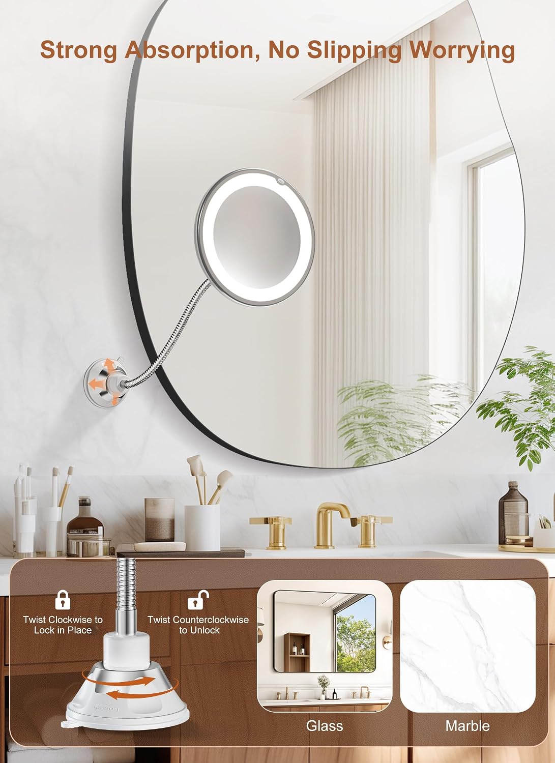 10x Magnifying Mirror with Light, Flexible Gooseneck Travel Make up Mirror