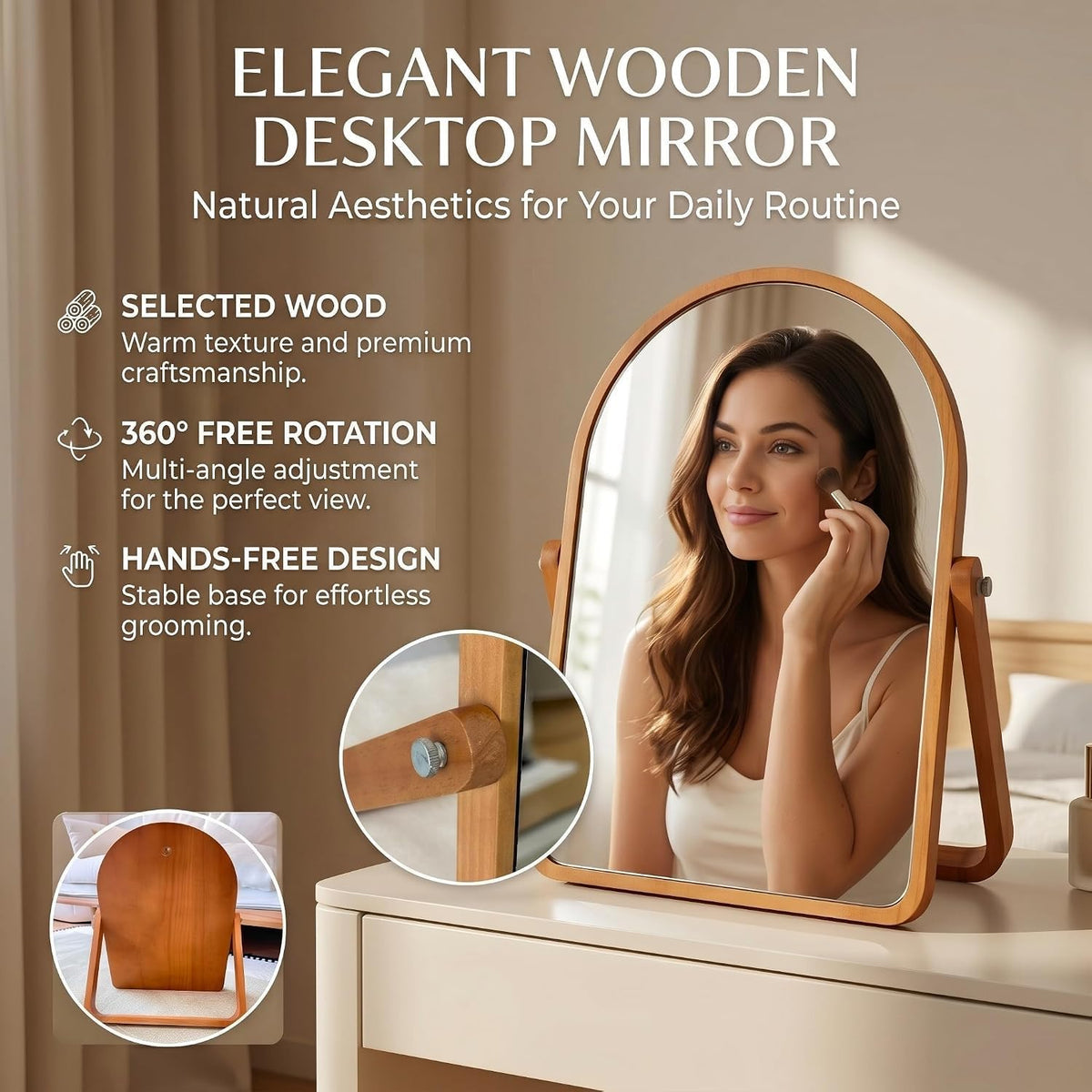 ZOROSY Arched Desk Mirrors with Stand- Wood Table Makeup Mirrors