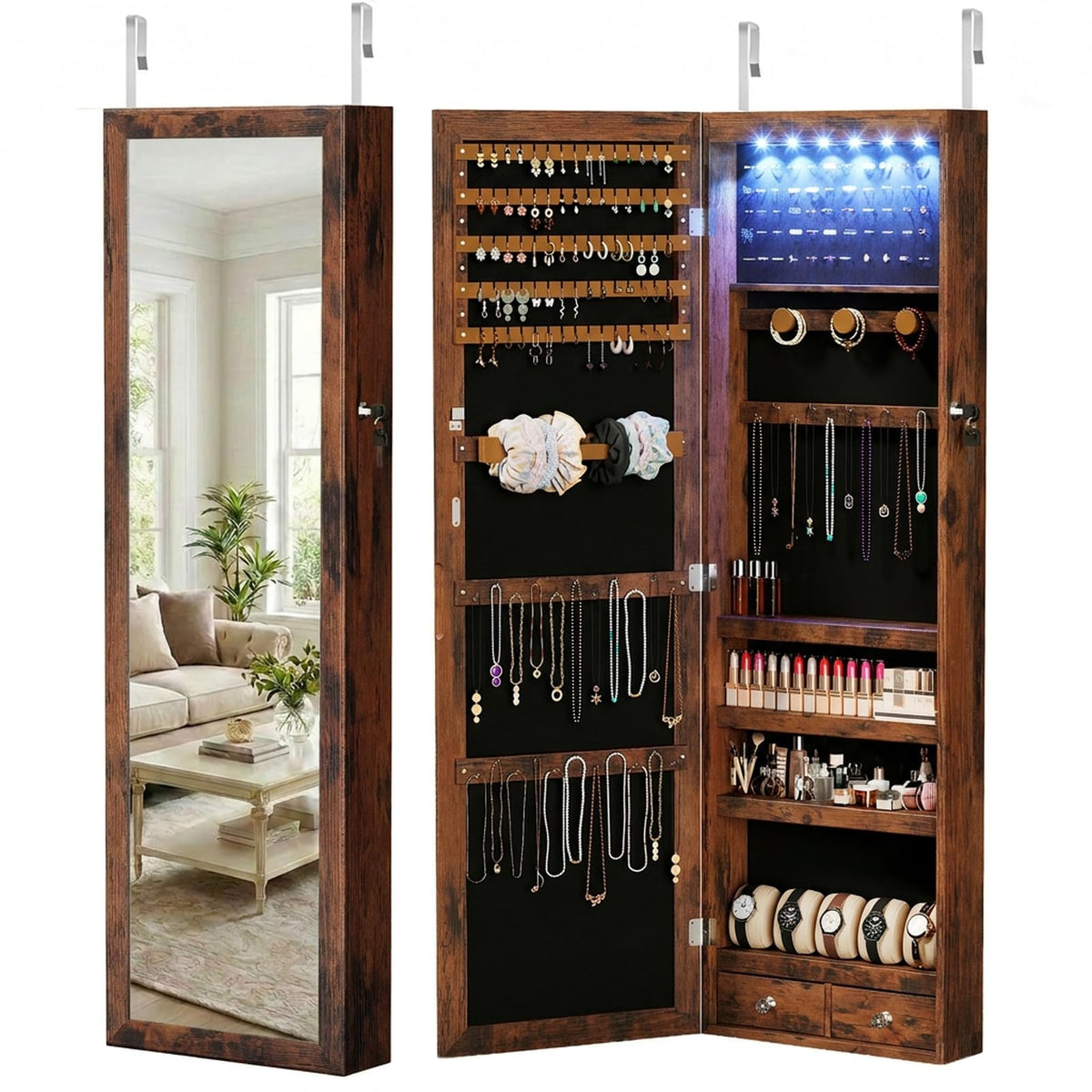 DUMOS 6 LEDs Mirror Jewelry Organizer Cabinet, Jewelry Armoire, 47.2 Inch