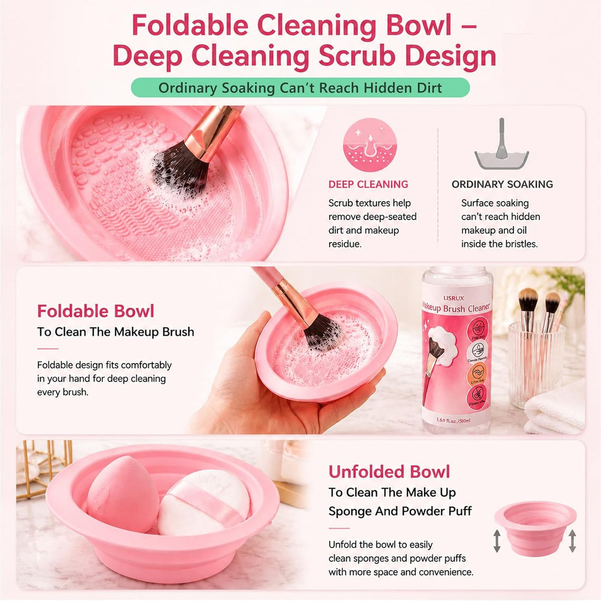Makeup Brush Cleaner, Make Up Brush Cleaner Cleanser, 37.18 Fl Oz (4 Bottles) With Cleaning Bowl, Makeup Cleaner for Brushes, Sponges and Puffs, Gentle Deep Clean Brush Shampoo, Vegan & Cruelty-Free